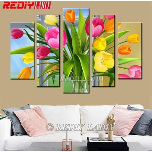 5D Diamond Embroidery Tulilps Flowers 5 Panels Wall Art Crystal Diamond Painting Triptych Mosaic Modular Picture Home Decor