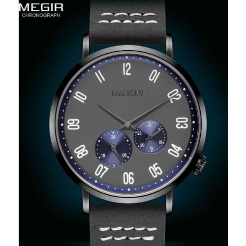 MEGIR Mens Watches Brown Leather Strap Blue Dial Quartz Watch Man 24 Hours Display Waterproof Wristwatch with Calendar