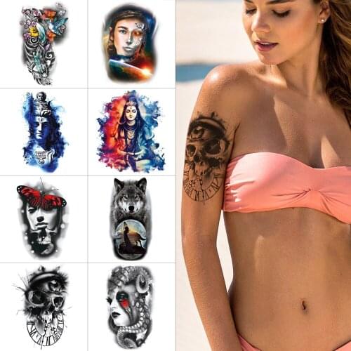 Ink color temporary tattoo stickers Skull demon Buddha Waterproof arm tattoos Snake wolf fox Body sticker tattoo for women