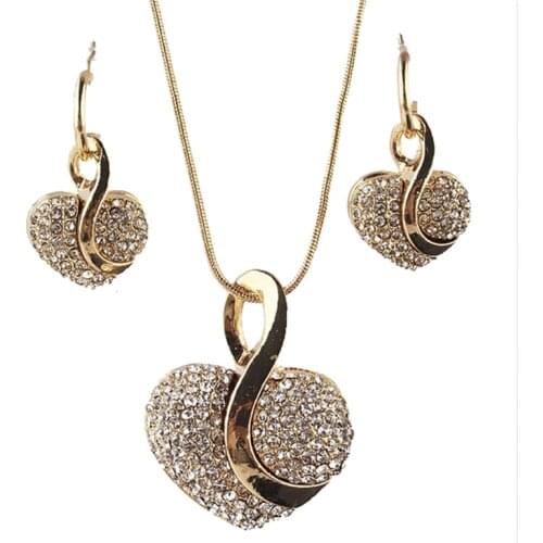 Crazy Feng Fashion New Yellow Gold Heart Clear Crystal Necklace Earring Chain Jewelry Sets