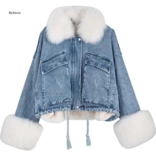 European And American Denim Jacket New Detachable Loose Large Fur Collar Plus Velvet Denim Jacket