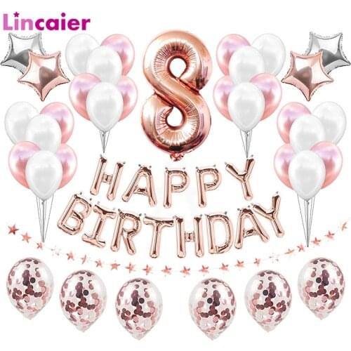 37pcs Number 8 Foil Balloons Happy Birthday Party Decorations 8 Years Old Eighth 8th Boy Girl Eight Supplies Blue Pink