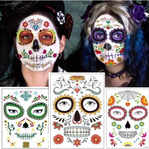Day of The Dead Sugar Skull Mask Tattoo Floral Black Skeleton Full Face Mask Temporary Tattoos Halloween Party Women Men Adult