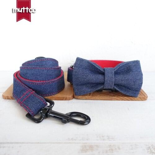 MUTTCO retailing self-designed handmade collar THE RED JEAN mazarine and red dog collar and leash with bow tie 5 sizes UDC038H