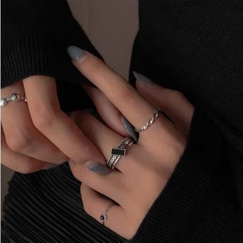 New Double Twist Money Retro Black Drop Epoxy 925 Sterling Silver Jewelry Not Allergic Rectangular Geometric Opening Rings