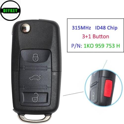 DIYKEY Flip Remote Key 3+1 Button 315MHz ID48 Chip for Volkswagen Rabbit Jetta Golf GTI Eos CC P/N: 1KO 959 753 H