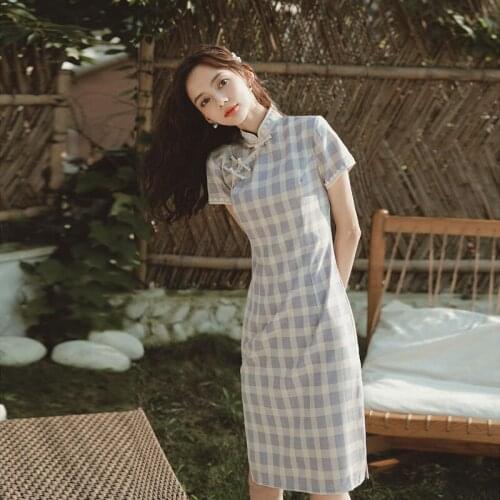 Sweet Girl Plaid Dress Chinese Women Slim Sexy Cheongsam Short Sleeve Summer New Qipao Vestidos Vintage Streetwear Robe Gown