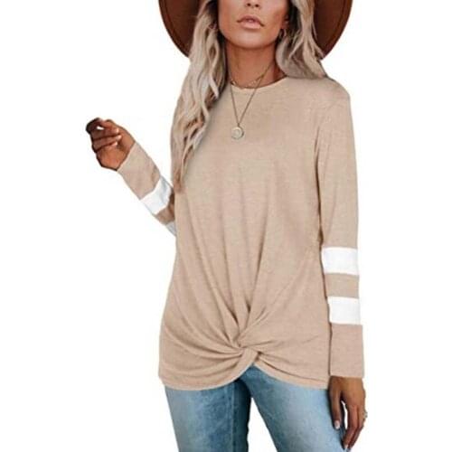 Stripe Contrast Color O Neck Long Sleeve Knotted Casual T Shirt Women Loose Midi Length Streetwear Plus Size Tops Tee Shirts