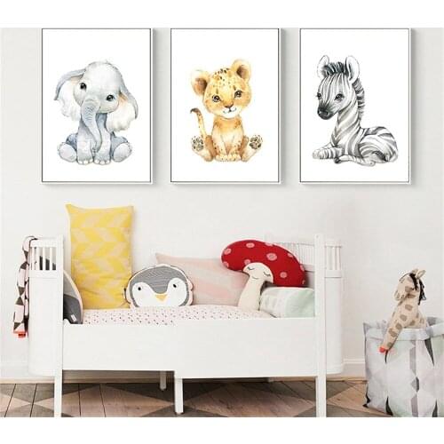 Elephant Deer Leopard Zebra Giraffe Rabbit Poster Squirrel Fox Raccoon Bird Print Animal Canvas Painting Baby Kids Room Decor