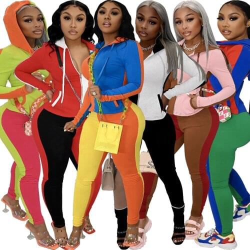 Chiclover Long Sleeve Casual Tracksuit Wholesale Items Color Matching Two Piece Set Zip Up Hoodie Coat and Joggers Sweatpants