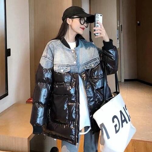 INS net red same style down jacket women winter 2020 Korean version of loose denim stitching shiny mid-length down jacket Female