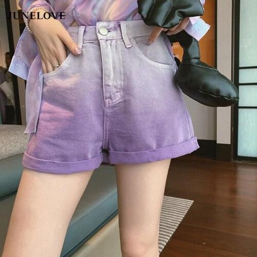 High waist gradient purple denim shorts vintage female 2020 summer streetwear loose wide leg pant women fashion bottoms