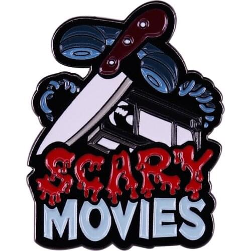 Scary movies with classic VHS knife and phone bloody horror fans perfect spooky art Metal Enamel Lapel Clothes Badge Brooch Pin