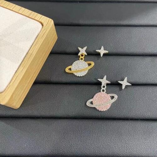 Rhinestone star saturn earring for women planet stud earring pink luxury brand bling glitter dainty asymmetric earring women