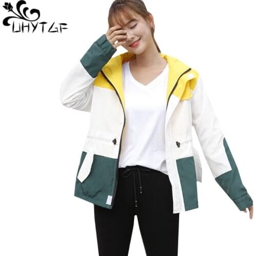 UHYTGF Spring female windbreaker coat Cute girl color matching Sportswear casual women coat Hooded loose plus size outerwear 118