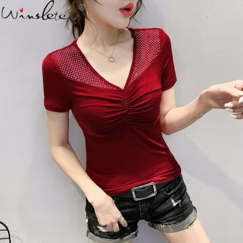 Summer European Clothes T-shirt Fashion Sexy V-Neck Drape Shiny Diamonds Women Tops Short Sleeve All Match Tees 2021 T13804A