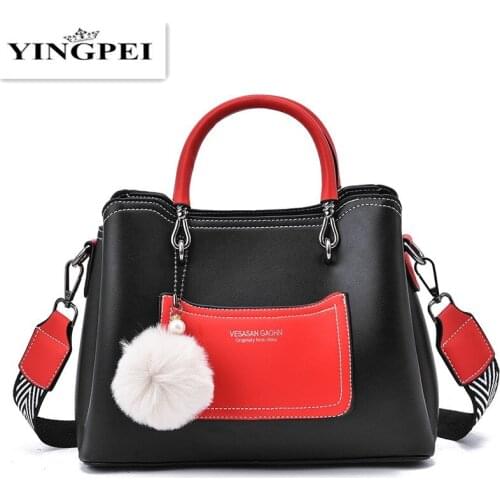 Women PU Leather Shoulder Bag with Fur Ball Crossbody Bags Female Fashion Totes Handbag All-match Top-handle Bag Purse Black