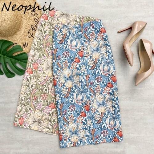 Neophil 2021 Summer Women Jacquard Midi Pencil Skirts Floral Printed Pattern High Waist Bodycon Prairie Chic Girls Skirt S21502