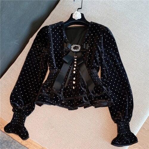 Winter Velour Blouse Women New Elegant Bow V-neck Slimming Fit Bronzing Flare Sleeve Shirts Lady Crop Top