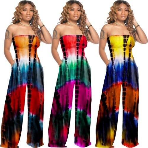 Print Tie Dye Summer Streetwear Bodycon Top Off Shoulder Outfits Jumpsuit Women Sleeveless Wide Leg Jumpsuits 2021
