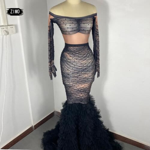 Fashion Black Mermaid Tail Dress Women Lace Rhinestone Sexy Off Shoulder Elegant Long Dress Stage Show Prom Party Dance Costume