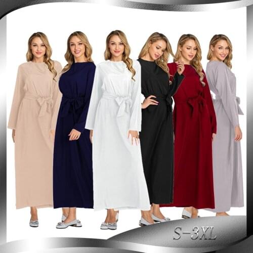 6 Color Ramadan Hijab Muslim Dress Women Simple Long Robe Lace-up A-line Turkey Abaya Dresses Dubai Moroccan Kaftan Clothing New