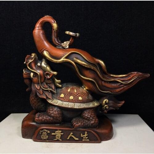8" Tibet Buddhism Old Bronze Gilt Real gold Dragon turtle statue Back Ginseng Implication Rich life Town House Exorcism