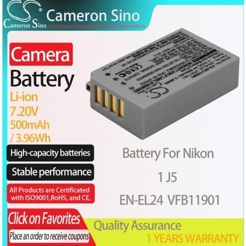 CameronSino Battery for Nikon 1 J5 fits Nikon EN-EL24 VFB11901 Digital camera Batteries 500mAh/3.96Wh 7.20V Li-ion Grey