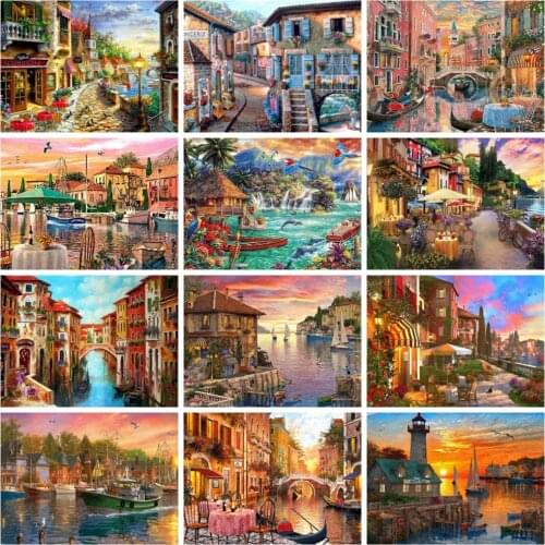Huacan Diy Diamond Painting City Street Scenery Embroidery Mosaic Sunset Town River Landscape Home Decor