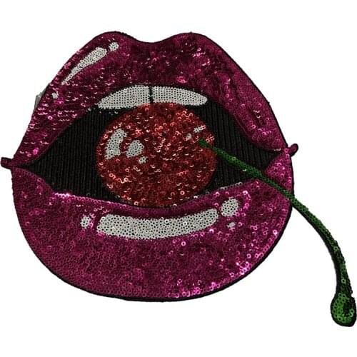2020 Red Cherry with Purple Lips Patches Iron on Purple Lips Sequined Applique for Clothing T-shirt Jacket DIY Embroidered Patch