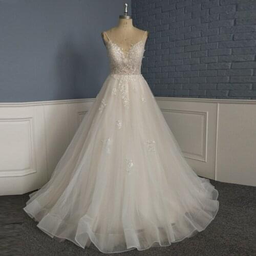 Sparkly Sequined Lace Appliques Wedding Dress Real Image Beaded Spaghetti Straps Open Back Tulle Bridal Gown High Quality