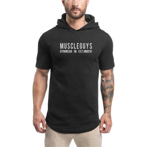 Brand Clothing Letters print Short Sleeve Slim Fit Hooded T Shirt Men Cotton Tee Shirt Bodybuilding and Fitness Sportwear TShirt