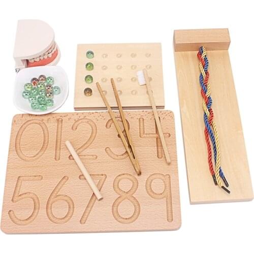 Montessori Wood Toys Baby Practical Life Simulated Brush Tooth Toys Braiding Board Egg Clip Marbles Game Toys for Children 2-4