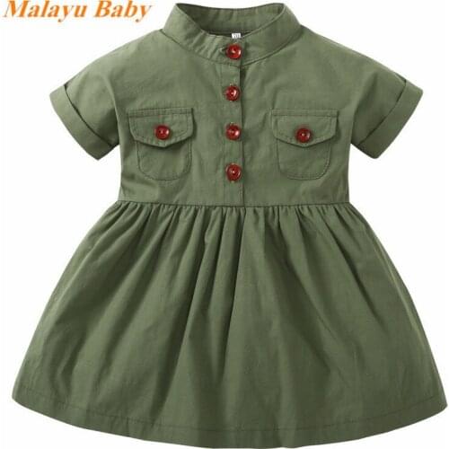 Malayu Baby Girls Dress 2021 Summer New Kids ArmyGreen Short Sleeve Baby Girls Cardigan Dress 1-4 Years Kids Clothes