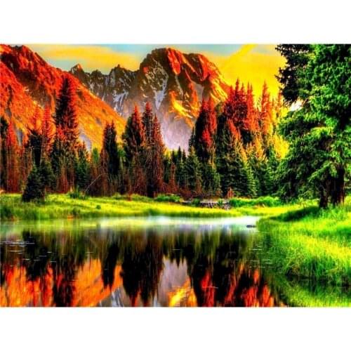 Gatyztory Frame Diy Painting By Numbers Lake Forest Mountain Canvas Colouring Landscape Handpainted Gift Wall Decor