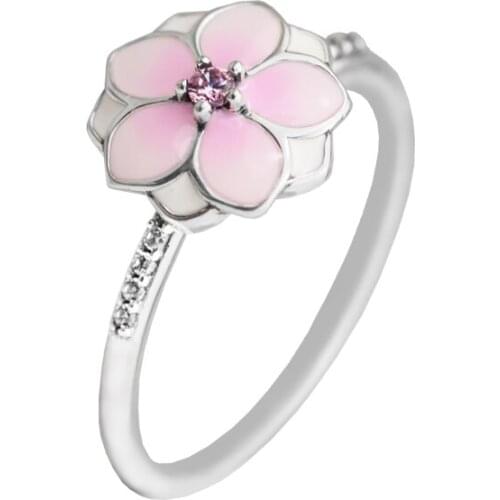 Magnolia Bloom Rings with Pale Cerise Enamel & Clear CZ 100% 925 Authentic Sterling Silver Fine Jewelry Free Shipping