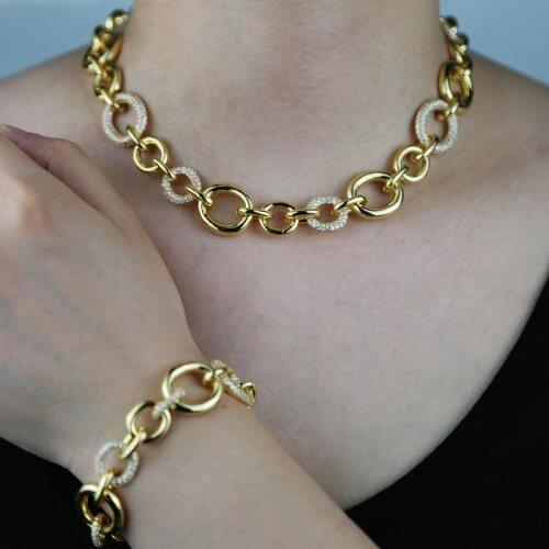 Gold color fashion women jewelry Geometric round circle link chain necklace bracelet set