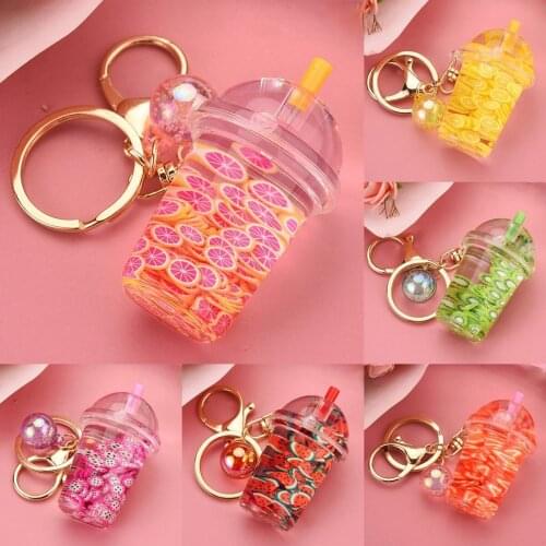 Creative Simulation Fruit Floating Keychain Cute Watermelon Kiwi Liquid Milk Tea Bottle Keyring Women Summer Bag Key Holder