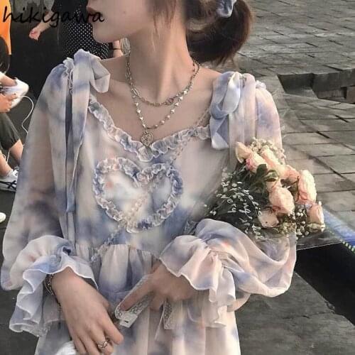 Hikigawa Japanese Soft Girl Heart Ruffle Patch Mini Dress Lantern Sleeve Strap Lace Up Vestidos Sweet Loose Off Shoulder Dresses