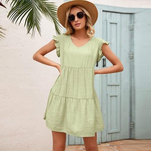 Summer Loose V-neck Ruffles Sleeveless Mini Dress New Women Casual Solid Color High Waist Patchwork Sweet Beach Sundress Black