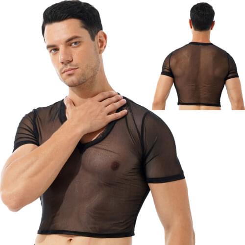 Fashion Men Tops Plus Size Loose See-through Mesh V Neck Short Sleeve Sport T-Shirt for Party Nightclub Stage Show Music Festiva