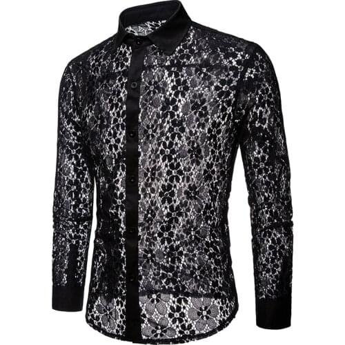 Mens Lace Transparent Shirts Sexy Mesh see Through Dress Shirt Men Slim Fit Long Sleeve Stage Party Dance DJ Mens Clothing