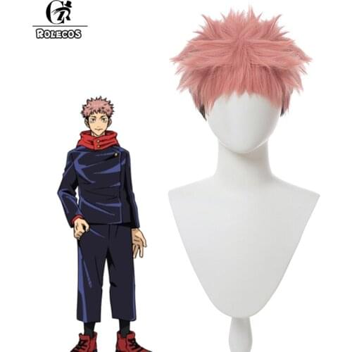 ROLECOS Jujutsu Kaisen Yuji Itadori Cosplay Wig Anime Cosplay Wig Men Pink and Black Headwear Wig Synthetic Hair Heat Resistant