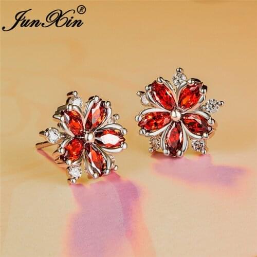 Cute Crystal Female Purple Red Snowflake Earrings White Gold Wedding Jewelry Boho Small Sakura Flower Stud Earrings For Women Cz