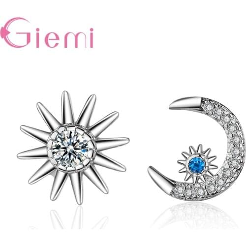 Shiny Full Cubic Zircon 925 Sterling Silver Crystal Drop Earring For Women Girl Asymmetric Sun Moon Star Earrings Jewelry Gift