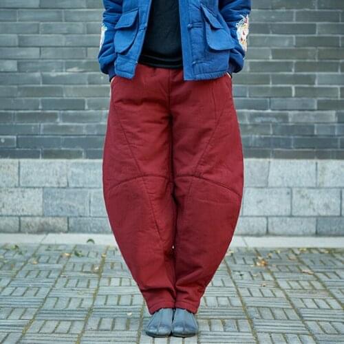 Johnature Women Cotton Linen Pants Elastic Waist Thick Warm 2020 Winter New Casual Brief Pockets Trouser Loose Patchwork Pants