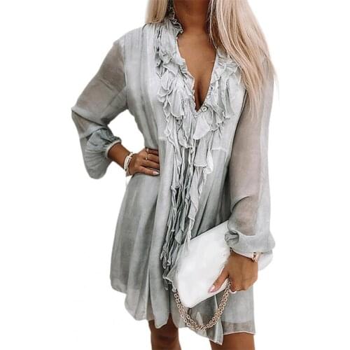 Women Sundress Party Solid Color Tassel Elegant V Neck Long Sleeve Chiffon Sundress for Daily Wear платье летнее женское2021