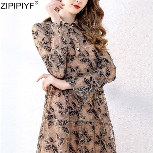 2020 Women Lace Hollow Out Dress Flare Sleeve Chic Elegant Turn down Collar Embroidery Vintage Slim Knee-Length A-Line Vestidos