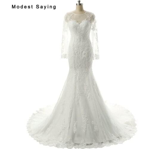 Elegant Sheer Ivory Mermaid Long Sleeve Lace Wedding Dresses 2017 Women Illusion Back Bridal Gowns Custom Made vestido de noiva