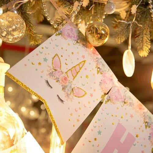 1 String Unicorn Theme Happy Birthday Banner Baby Shower Kids Party Decor Glittering Cartoon Banner Flags Unicorn Party Supplies